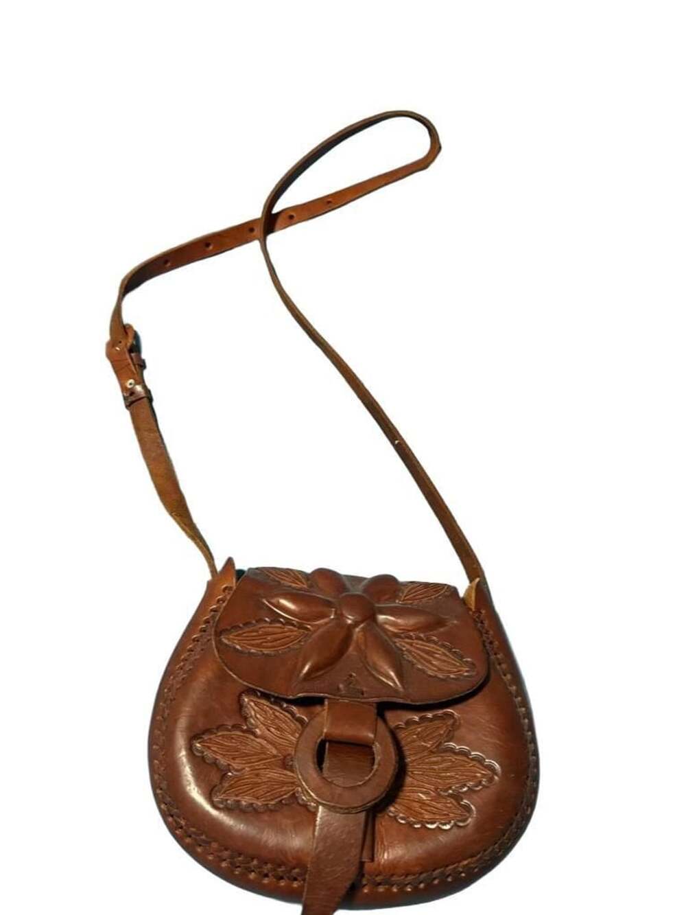 Vintage Artisan Tooled Leather Floral Crossbody Saddlebag Brown Boho